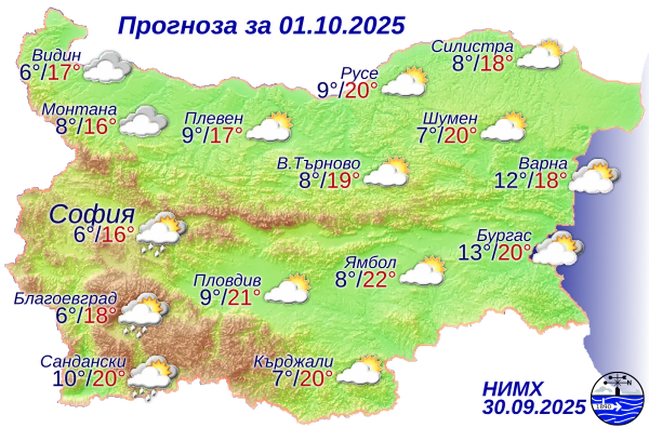 Времето на 1 октомври 2025 г.