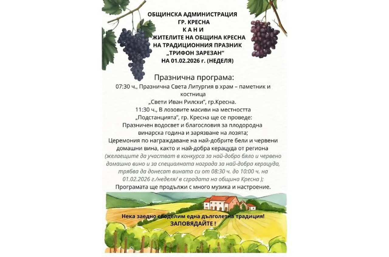 Община Кресна обяви конкурс за най-добро домашно вино