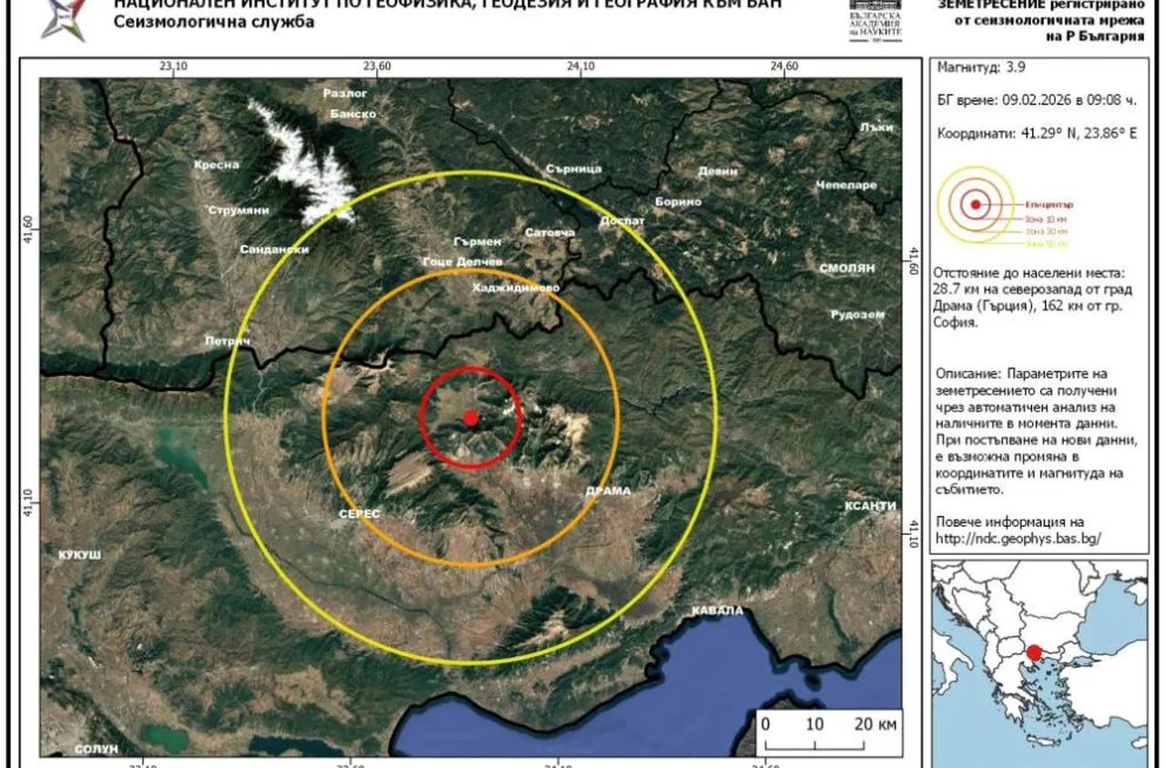 Земетресение с магнитуд 3,9 край българо-гръцката граница