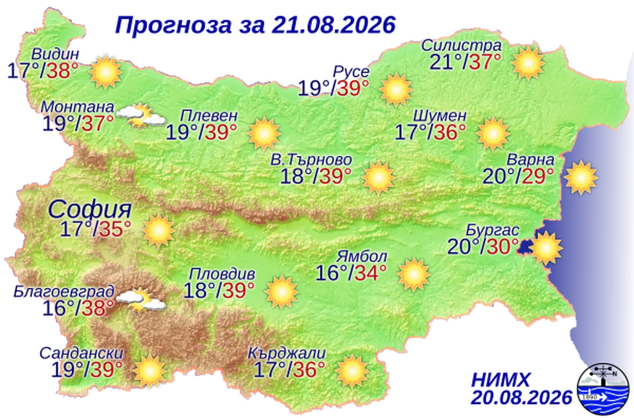 Времето на 21 август 2026 г