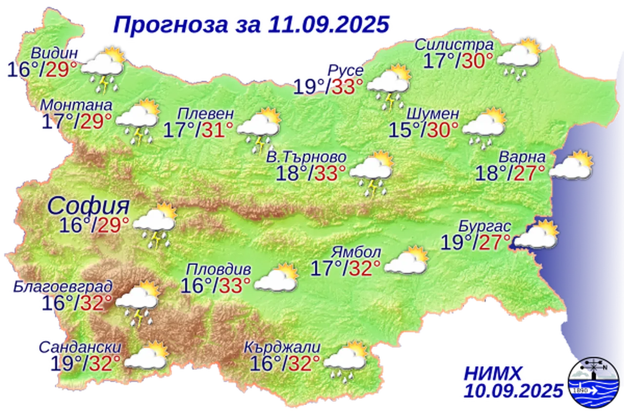Времето на 15 септември 2025 г.