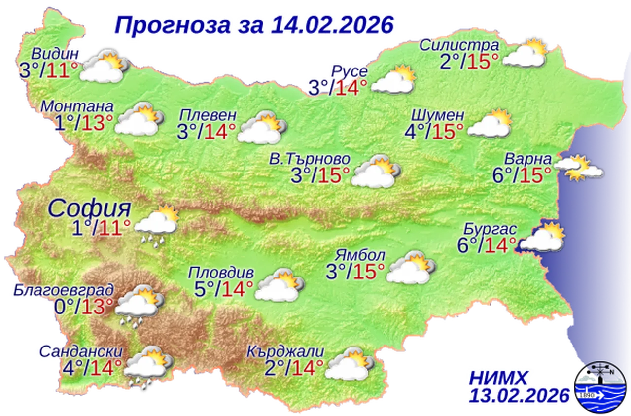 Времето на 14 февруари 2026 г.