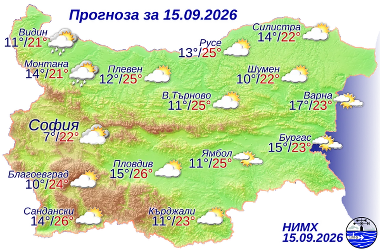 Времето на 15 септември 2026 г.