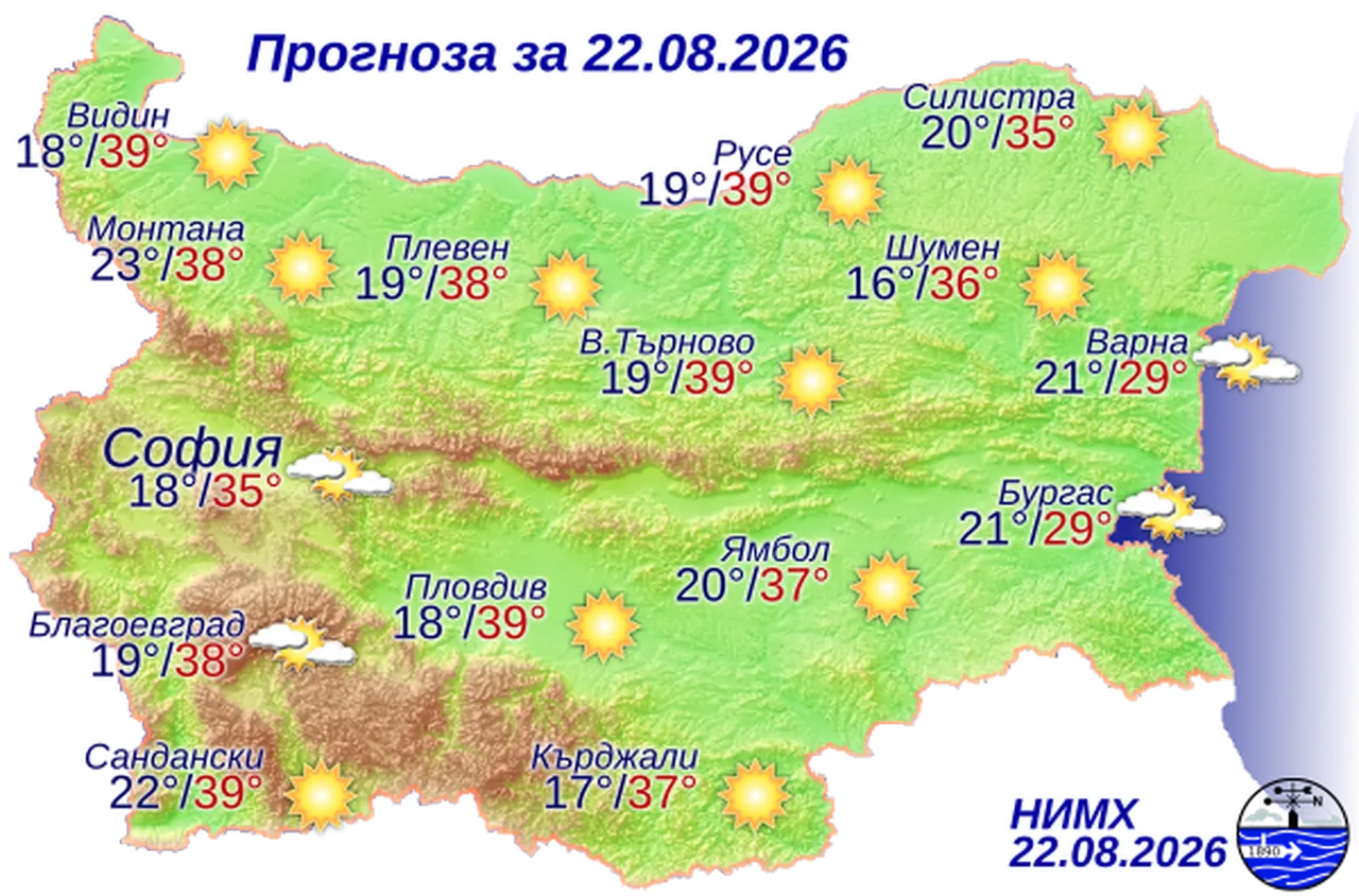 Времето на 22 август 2026 г