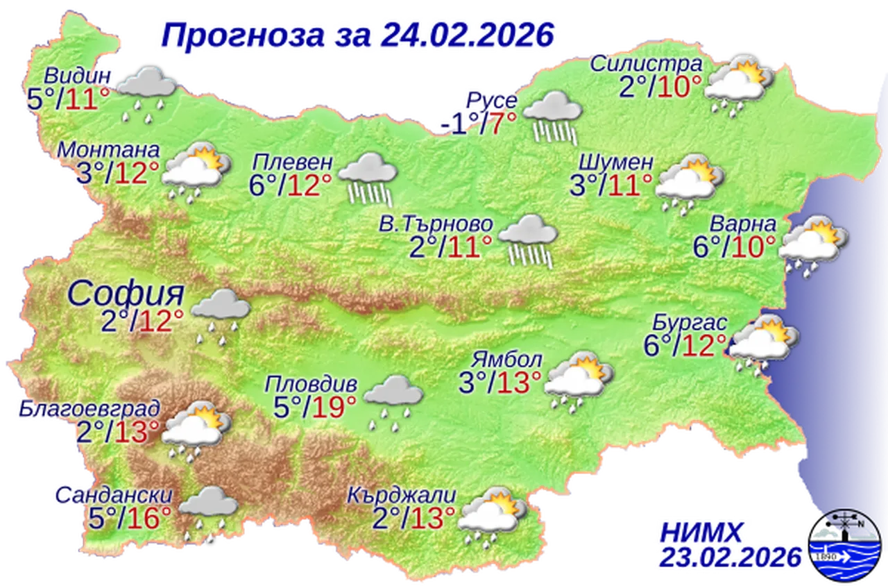 Времето на 24 февруари 2026 г.